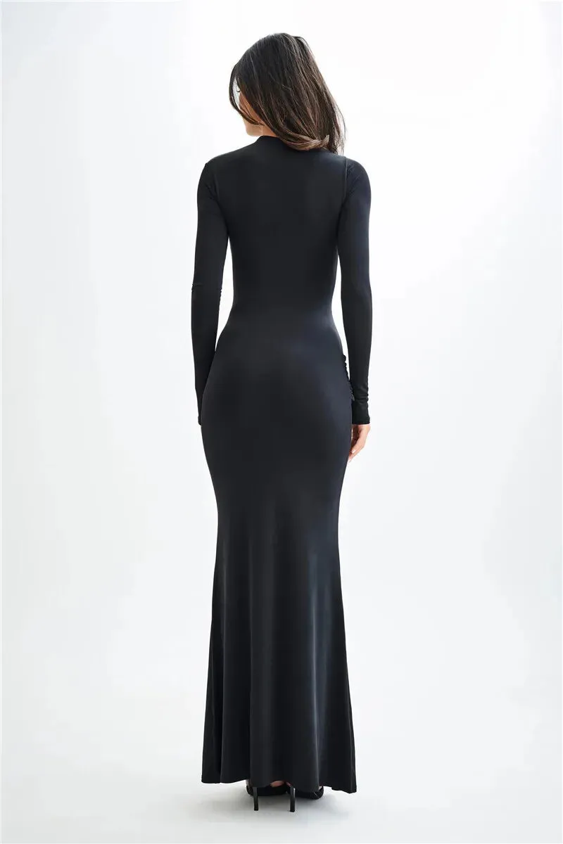 Sleek Diagonal Collar Maxi Dress for Formal Wear