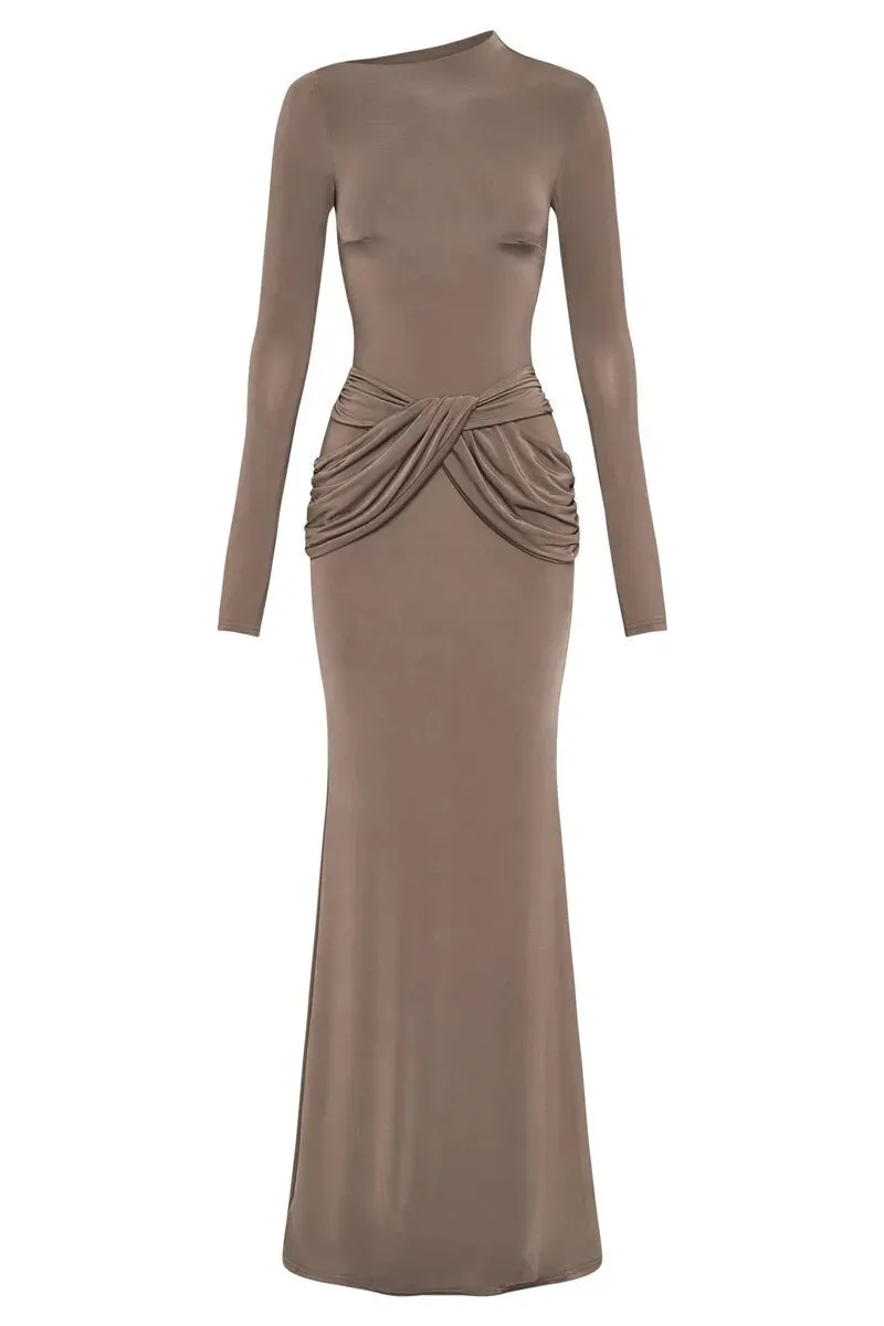Sleek Diagonal Collar Maxi Dress for Formal Wear