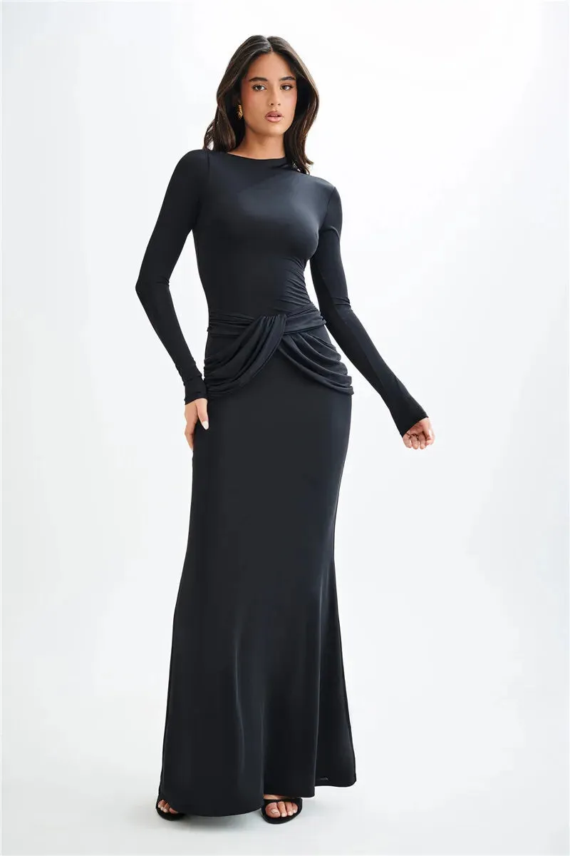 Sleek Diagonal Collar Maxi Dress for Formal Wear