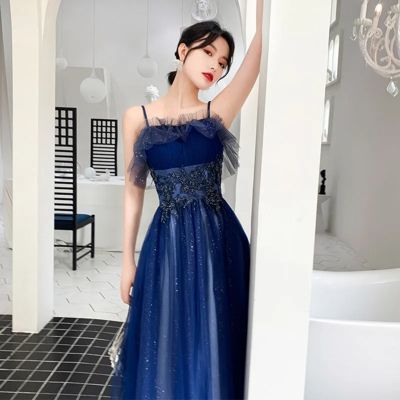 Spaghetti Strap A Line Tulle Prom Dress Dark Blue Formal Party Gown 579