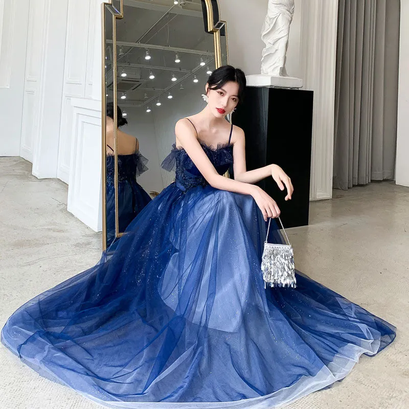 Spaghetti Strap A Line Tulle Prom Dress Dark Blue Formal Party Gown 579