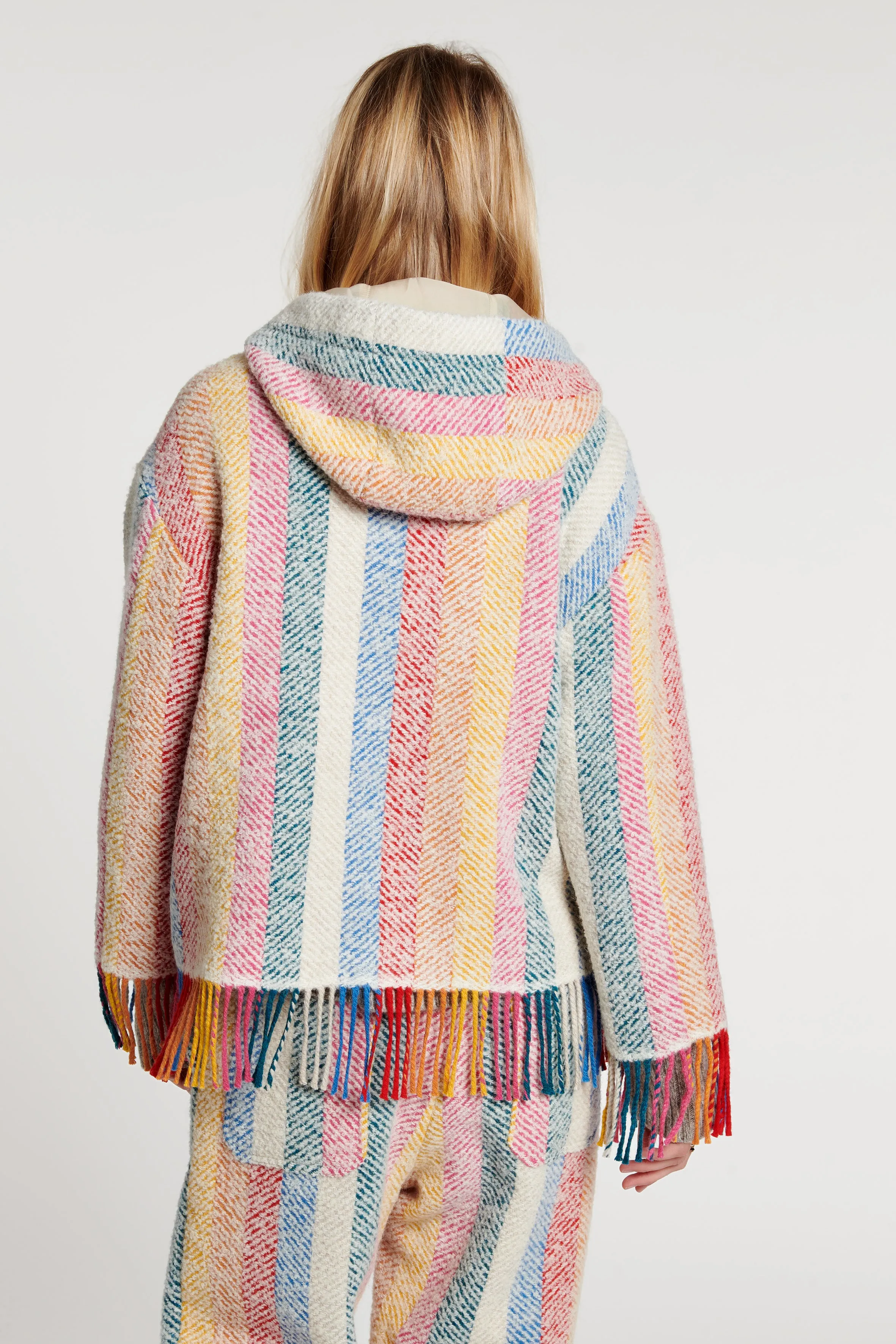 Stripe Blanket Fringe Hooded Jacket