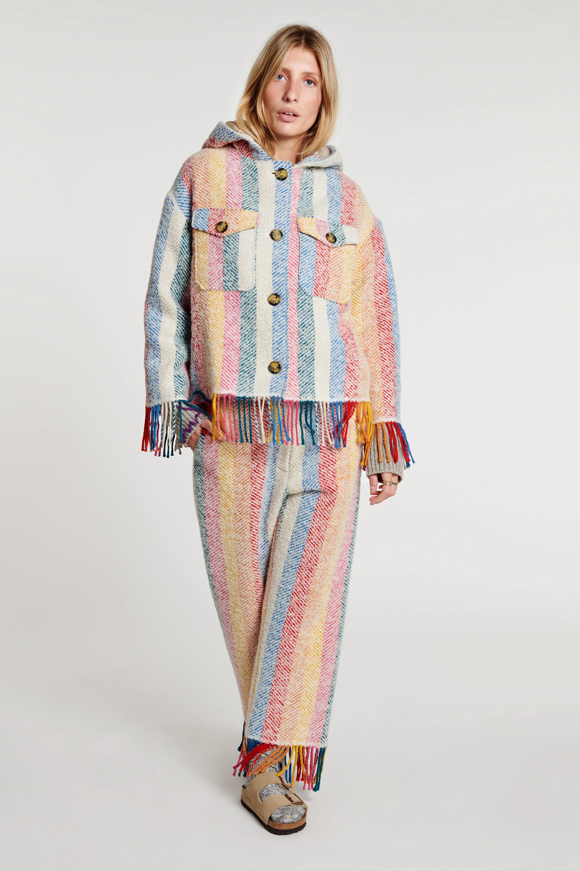 Stripe Blanket Fringe Hooded Jacket