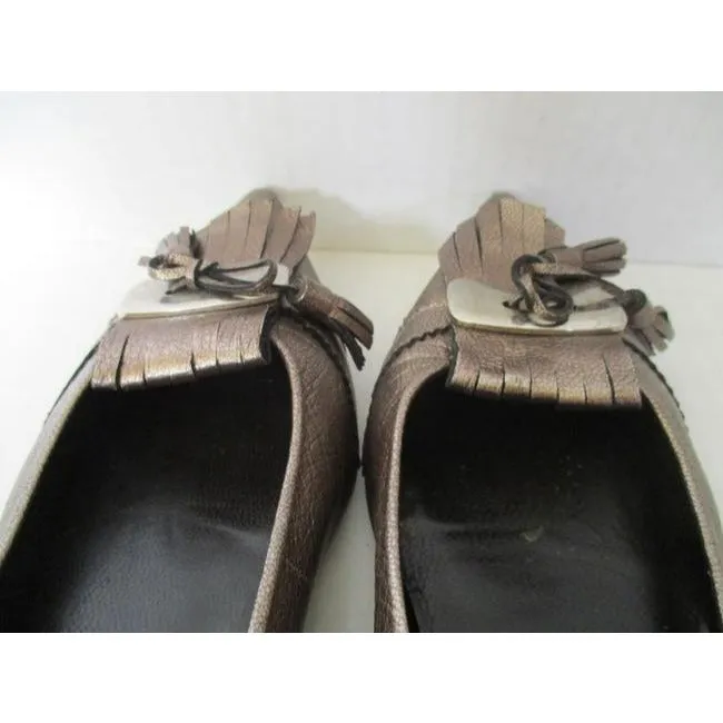Stuart Weitzman Metallic Pewterdark Gold Pointed Toe Tassel Pewterdark Flats Size Us
