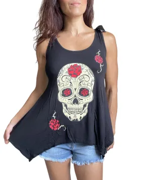 Sugar Skull and roses Black skull Lace Flowy Tank top