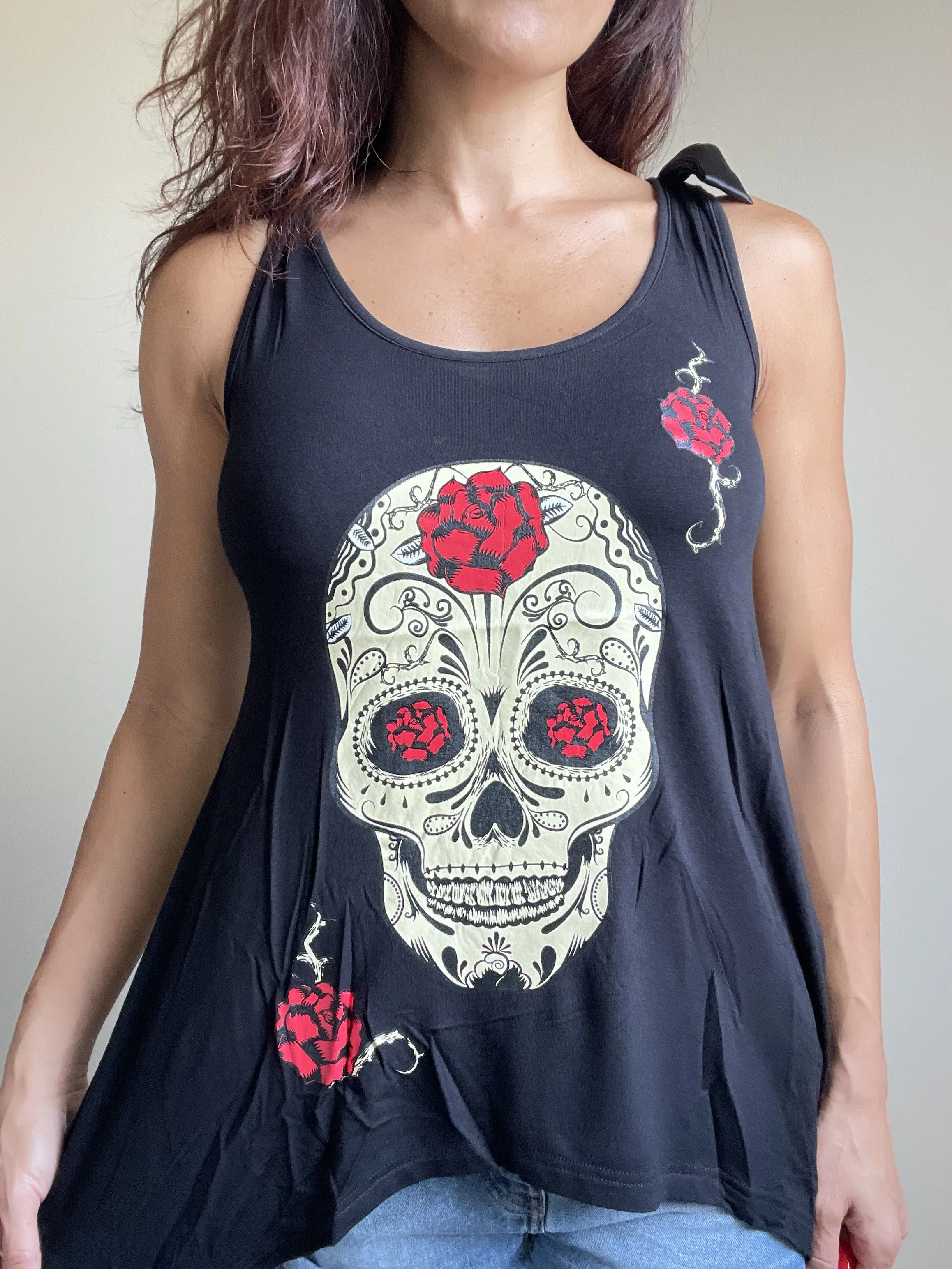 Sugar Skull and roses Black skull Lace Flowy Tank top