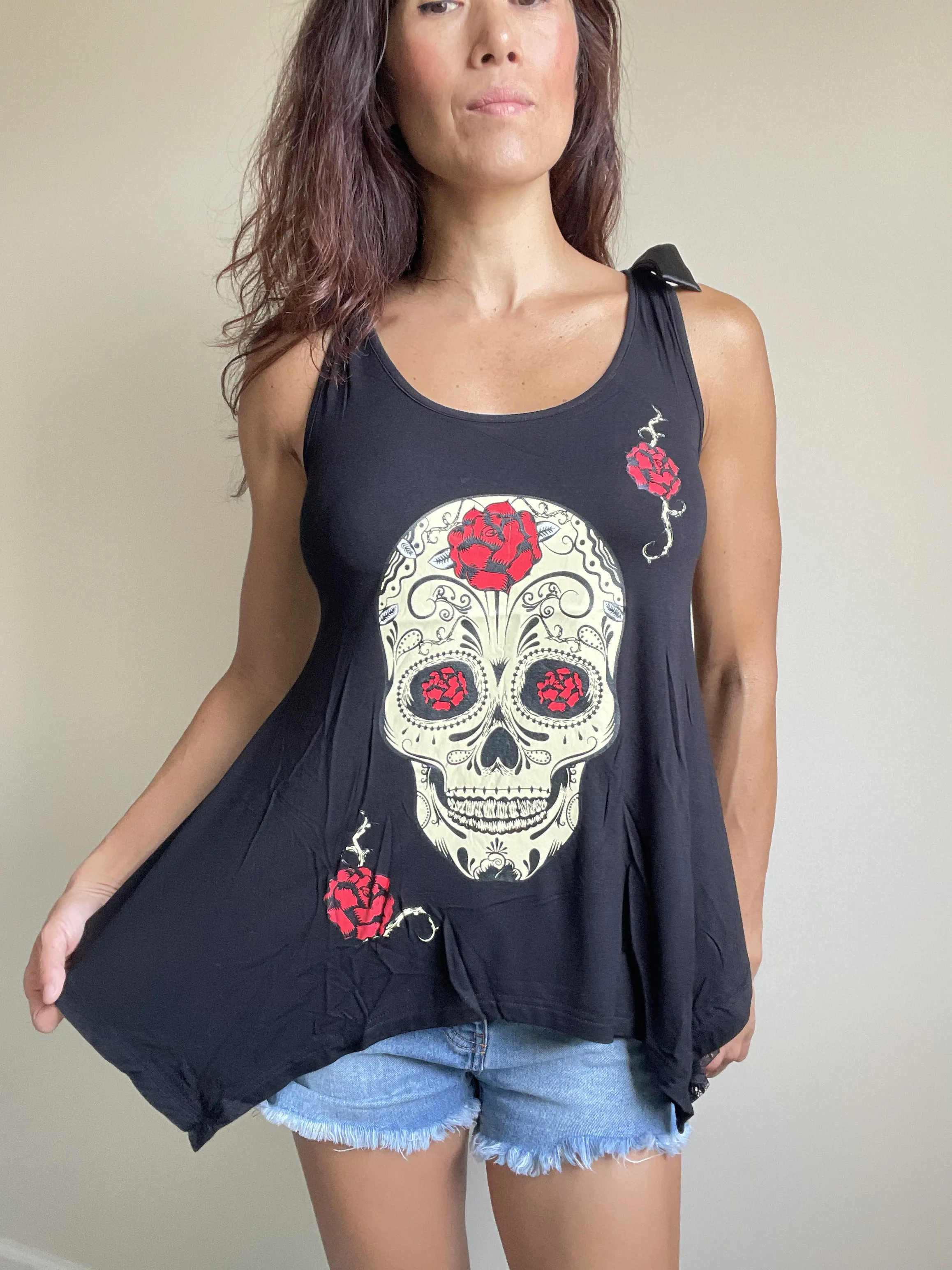 Sugar Skull and roses Black skull Lace Flowy Tank top