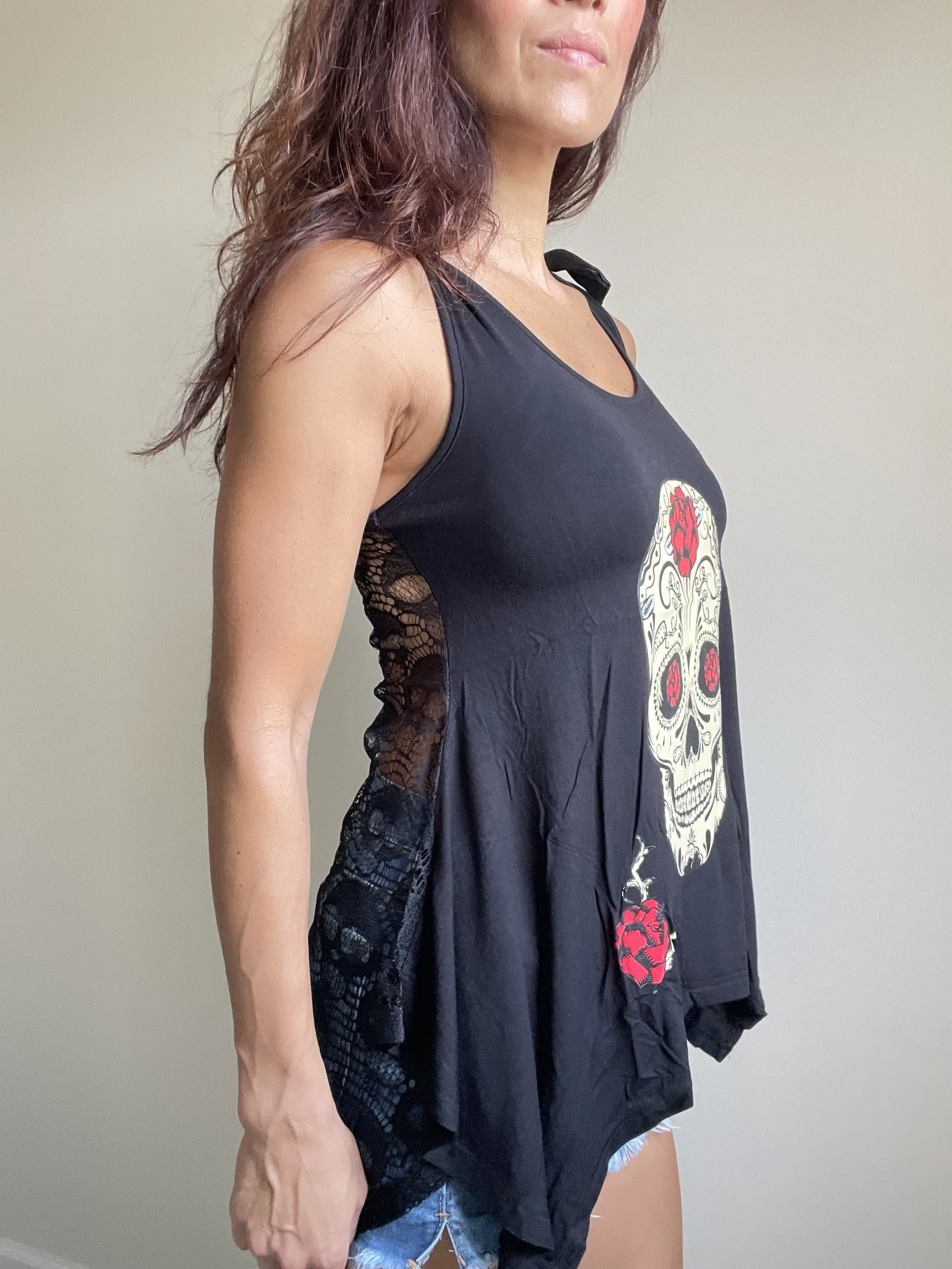 Sugar Skull and roses Black skull Lace Flowy Tank top