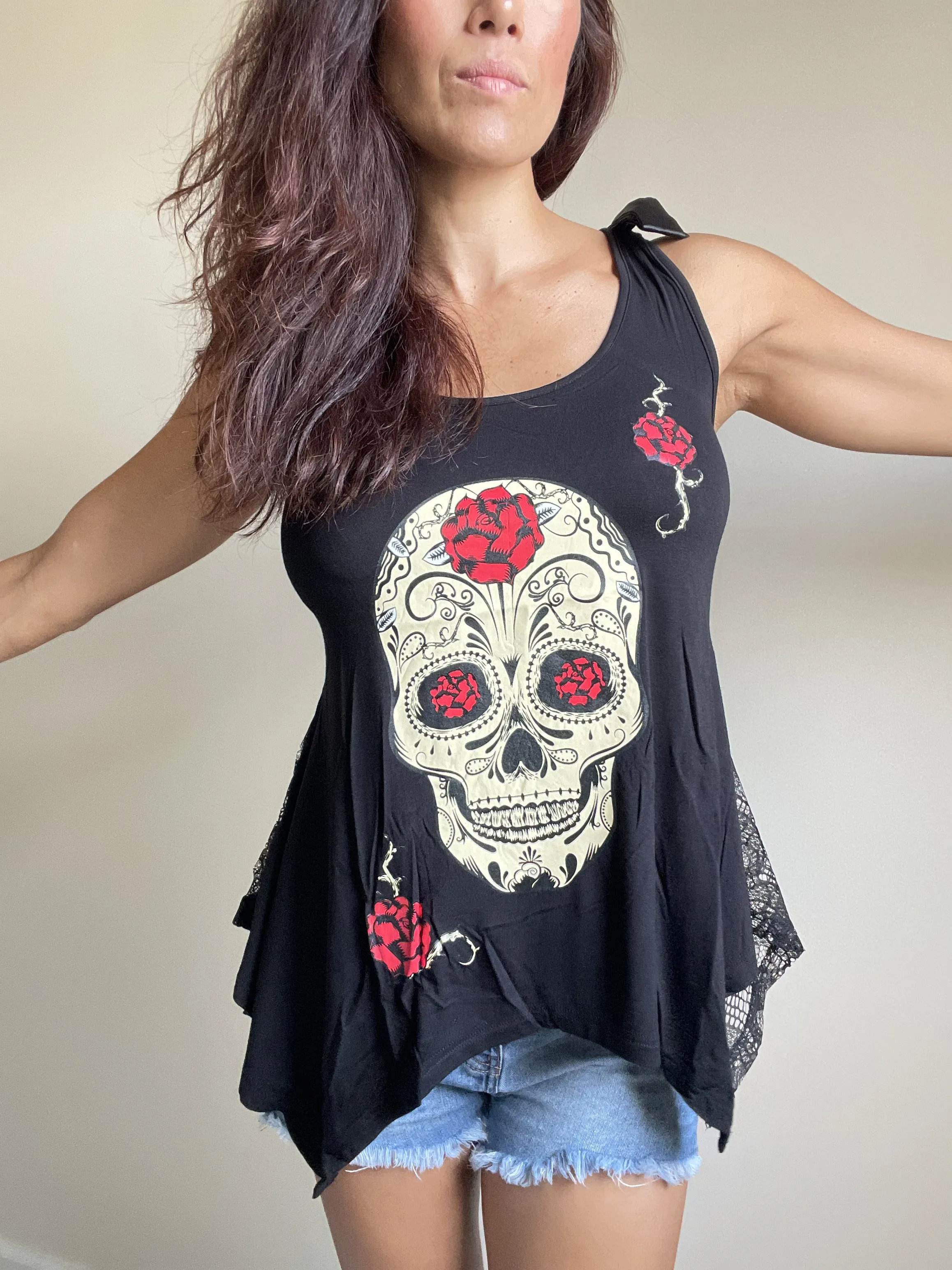 Sugar Skull and roses Black skull Lace Flowy Tank top
