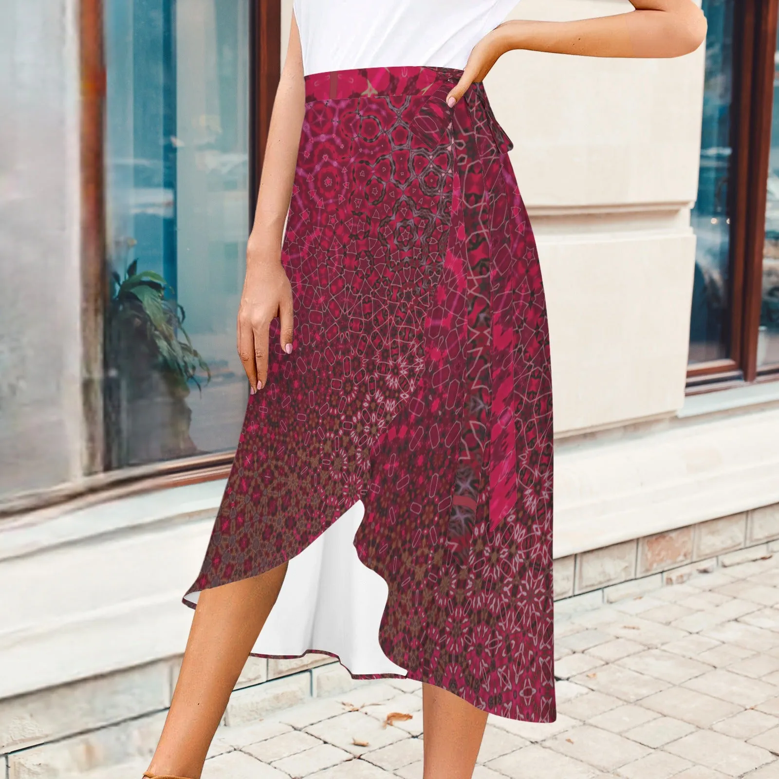Tie Waist Wrap Skirt Red Leaves Abstract