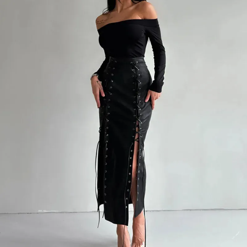 UAKISS  -  Women Autumn All Match Pencil Skirts, 2024 Fashion Lace-Up Solid Patchwork Maxi Skirts, PU Leather Slim Ladies Skirts Streetwear