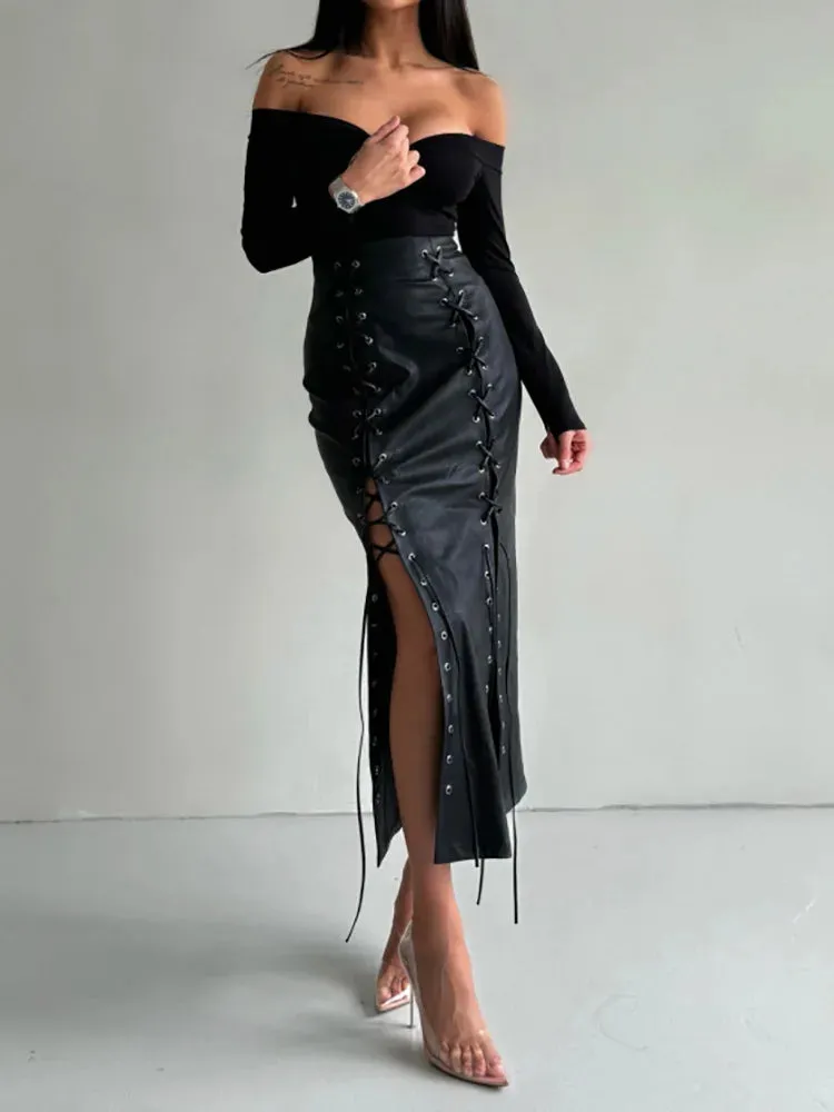 UAKISS  -  Women Autumn All Match Pencil Skirts, 2024 Fashion Lace-Up Solid Patchwork Maxi Skirts, PU Leather Slim Ladies Skirts Streetwear