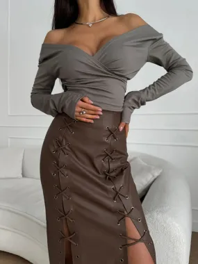 UAKISS  -  Women Autumn All Match Pencil Skirts, 2024 Fashion Lace-Up Solid Patchwork Maxi Skirts, PU Leather Slim Ladies Skirts Streetwear