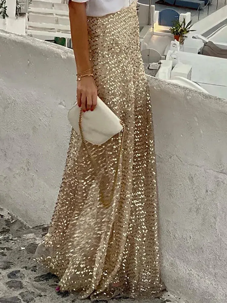 UAKISS  -  Women Fashion Patchwork Straight Skirts, Spring Summer Loungewear Sweet Holiday Maxi Skirts, Solid Loose Sequins Ladies Skirts