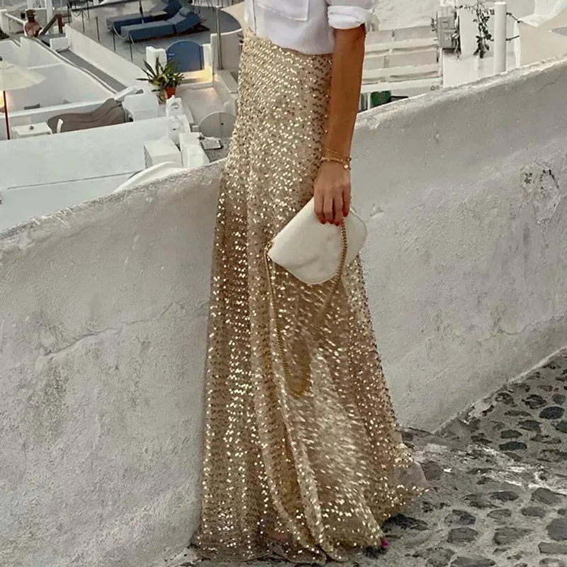 UAKISS  -  Women Fashion Patchwork Straight Skirts, Spring Summer Loungewear Sweet Holiday Maxi Skirts, Solid Loose Sequins Ladies Skirts