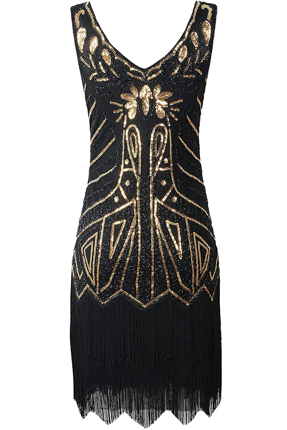 US STOCK Vintage 1920s Unique black and gold Beaded Fringed Great Gatsby 20s Dress
