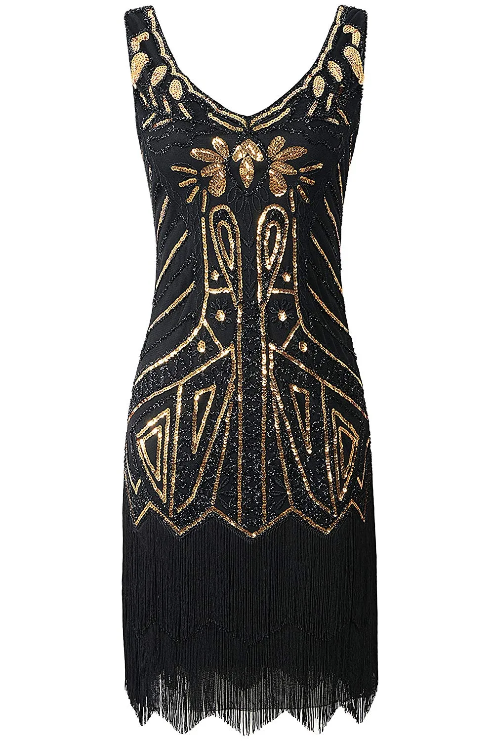 US STOCK Vintage 1920s Unique black and gold Beaded Fringed Great Gatsby 20s Dress