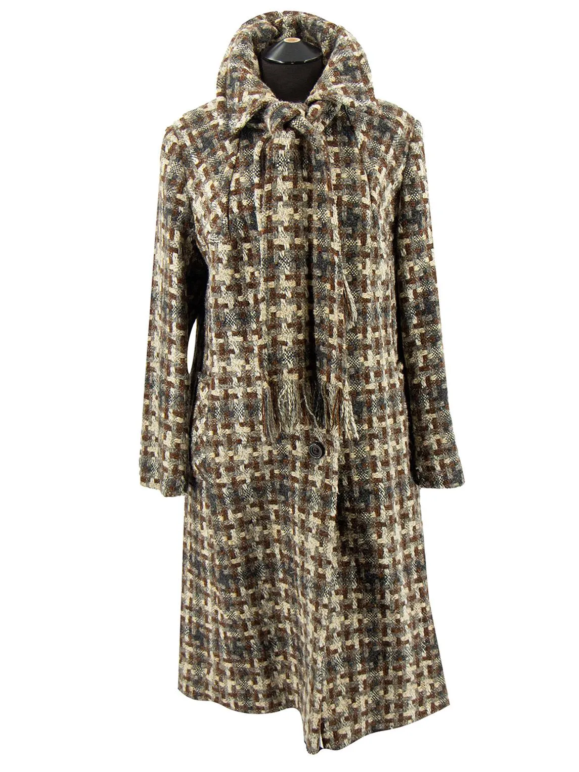 Vintage Wool Mix Brown Check Midi Coat