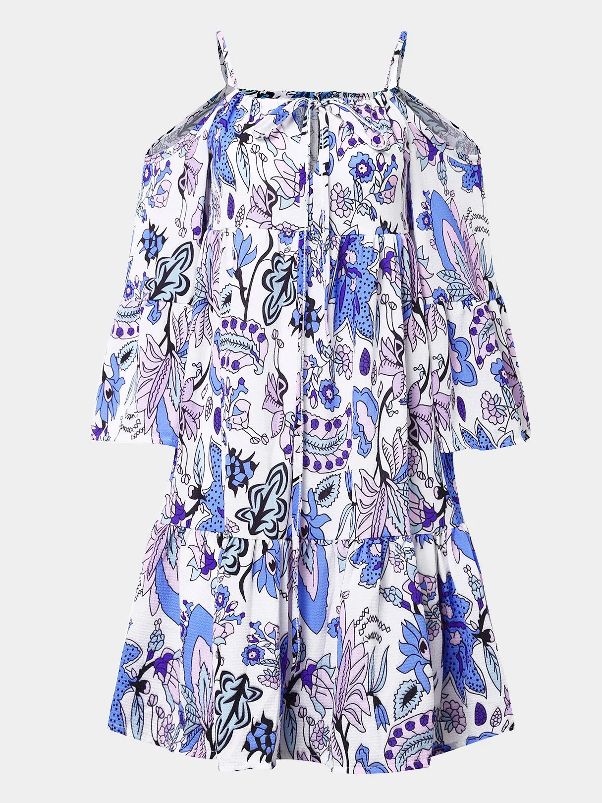Wholesale Cold Shoulder 3/4 Sleeve Length Floral Print Lace-Up Flounced Hem Dresses