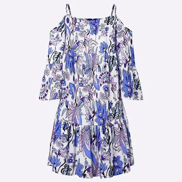 Wholesale Cold Shoulder 3/4 Sleeve Length Floral Print Lace-Up Flounced Hem Dresses