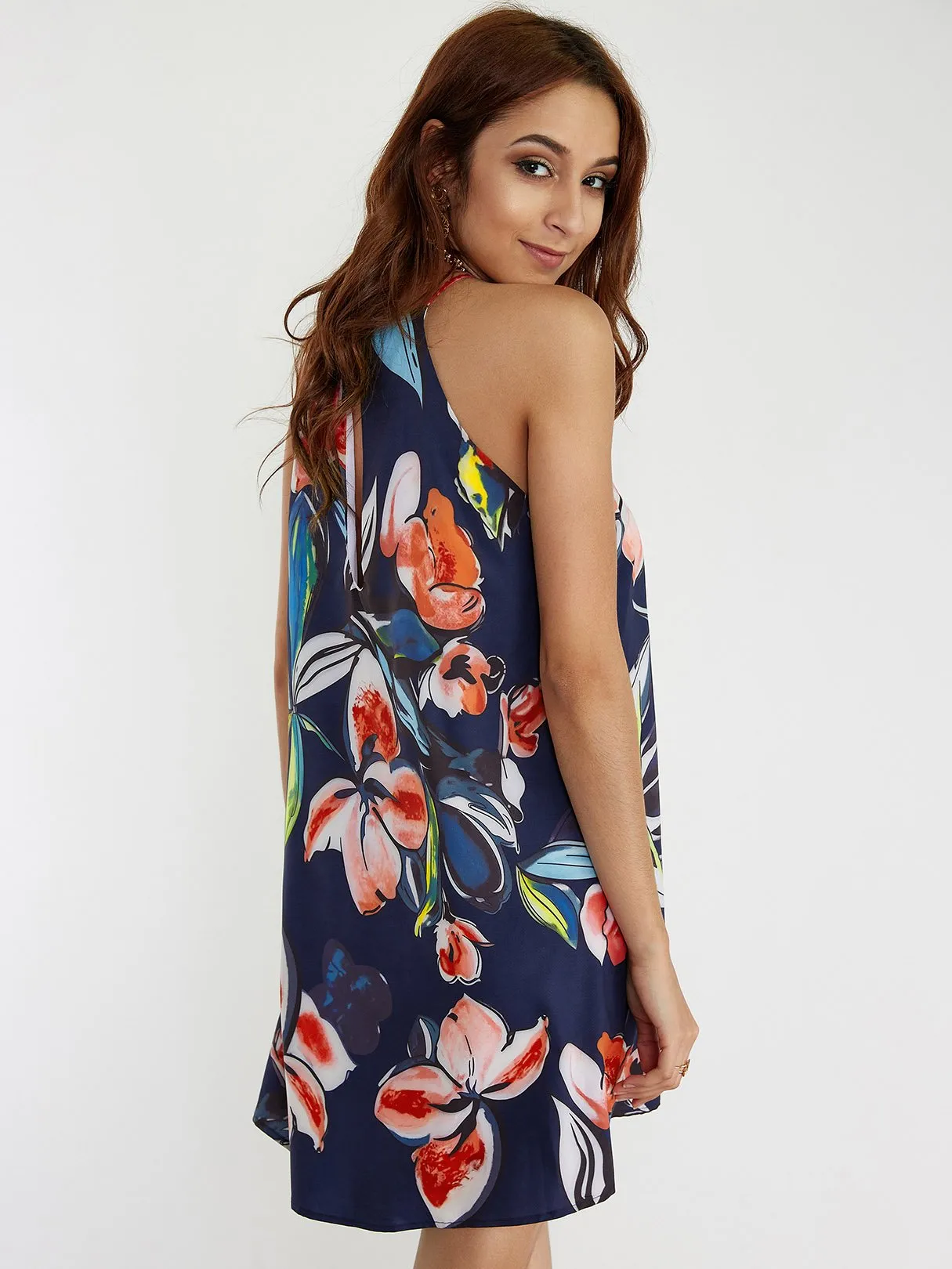 Wholesale Halter Floral Print Sleeveless Curved Hem Dresses