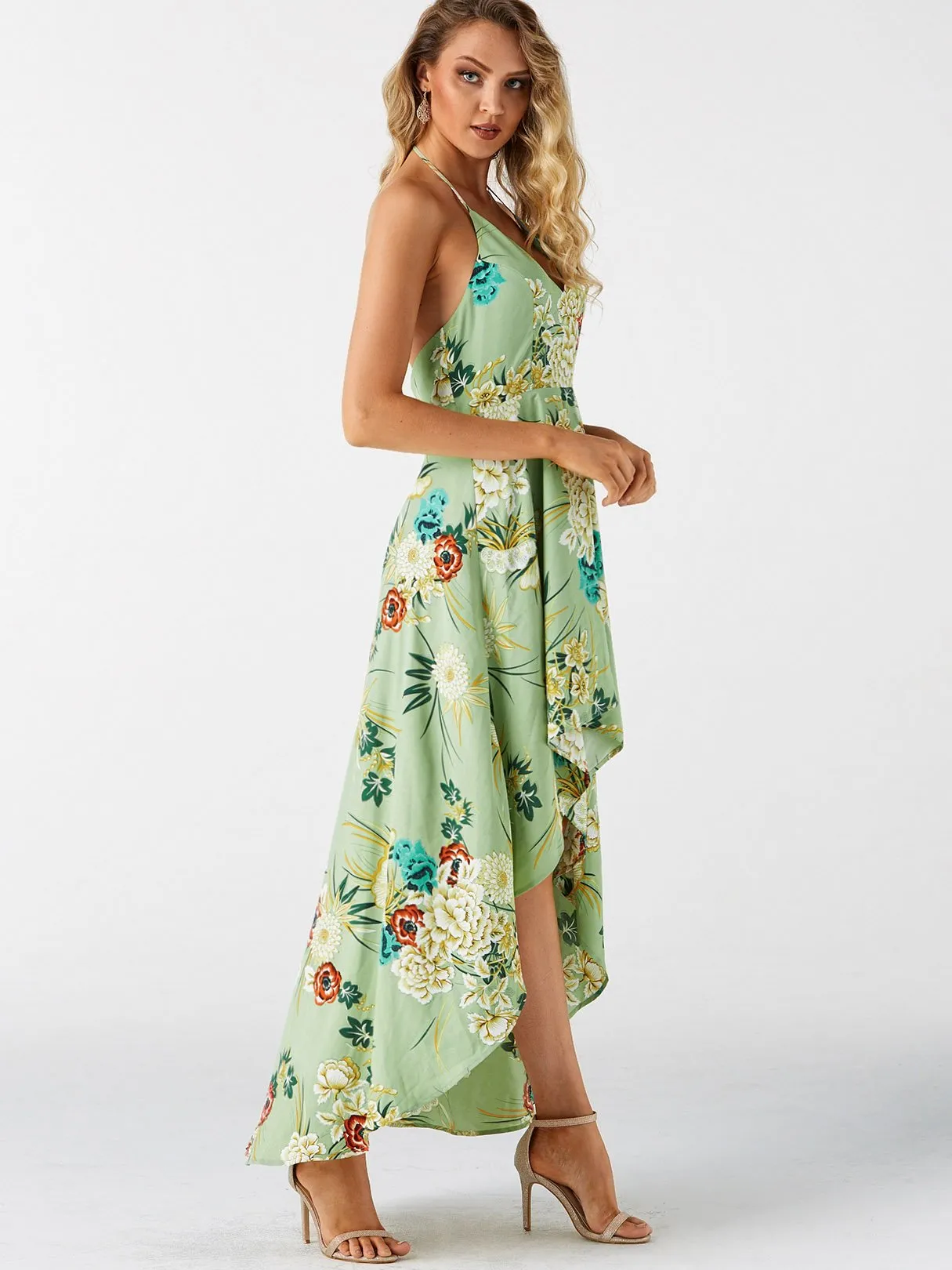 Wholesale Halter Sleeveless Floral Print Backless High-Low Hem Dresses