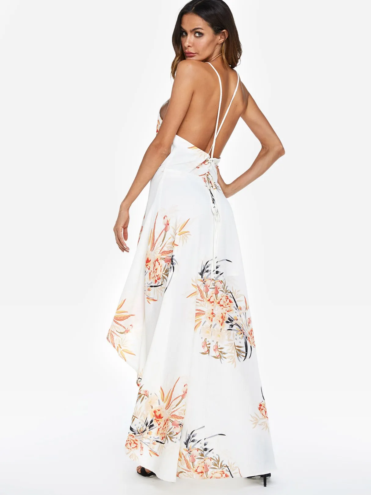 Wholesale Halter Sleeveless Floral Print Backless High-Low Hem Dresses