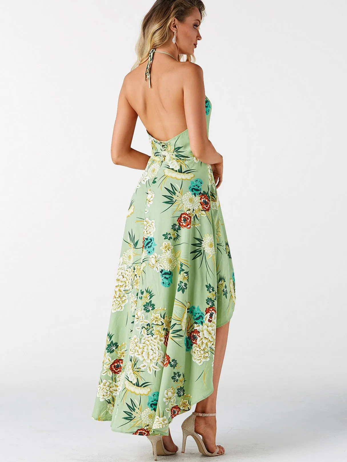 Wholesale Halter Sleeveless Floral Print Backless High-Low Hem Dresses