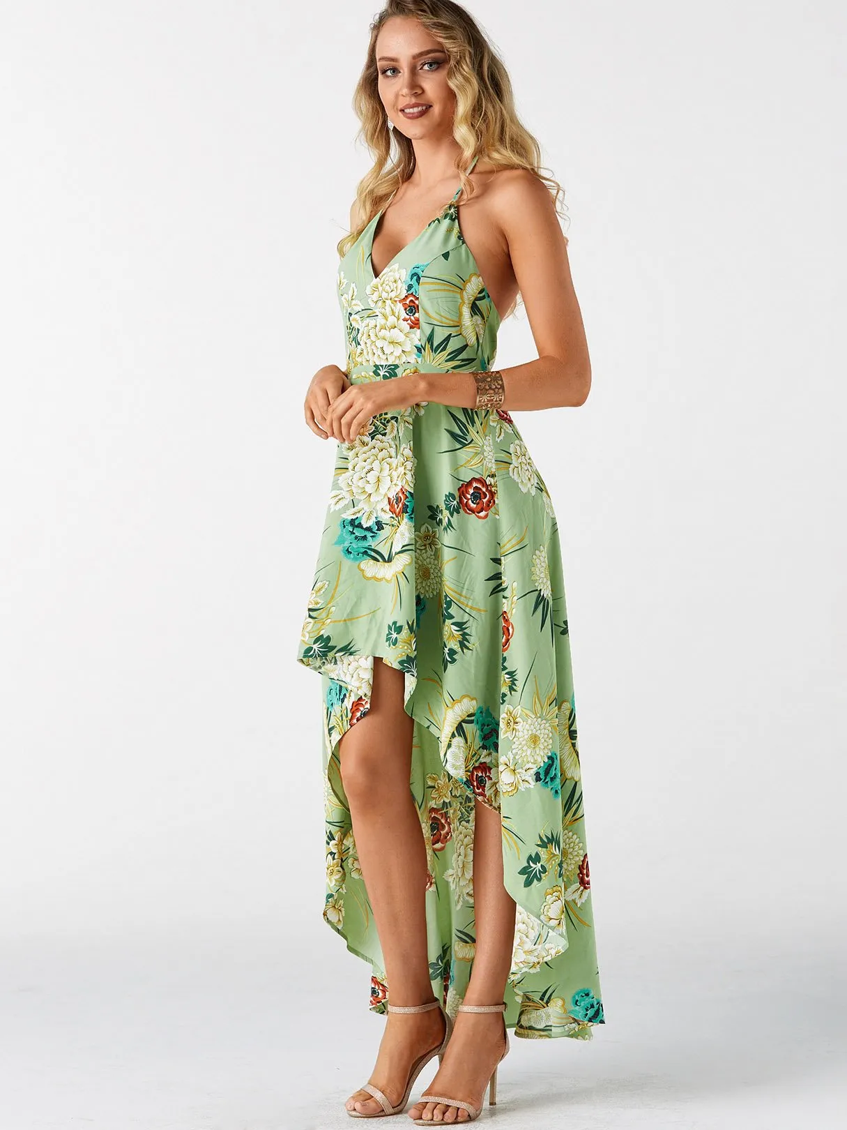 Wholesale Halter Sleeveless Floral Print Backless High-Low Hem Dresses