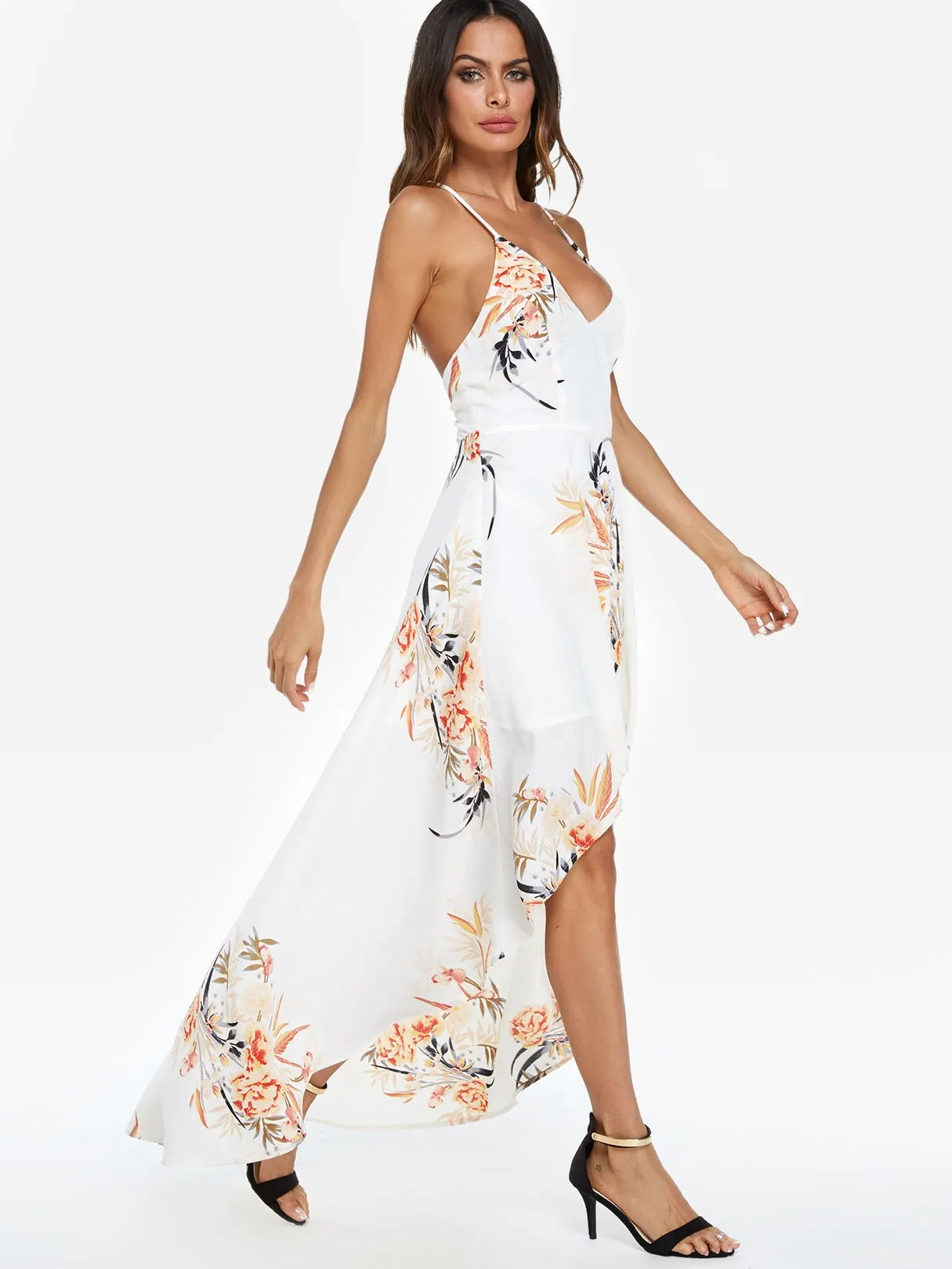 Wholesale Halter Sleeveless Floral Print Backless High-Low Hem Dresses