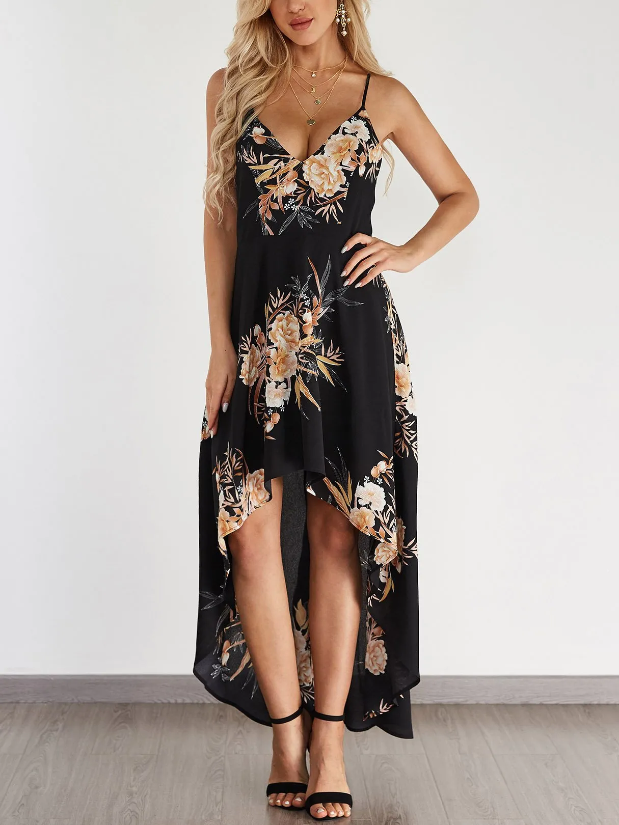 Wholesale Halter Sleeveless Floral Print Backless High-Low Hem Dresses