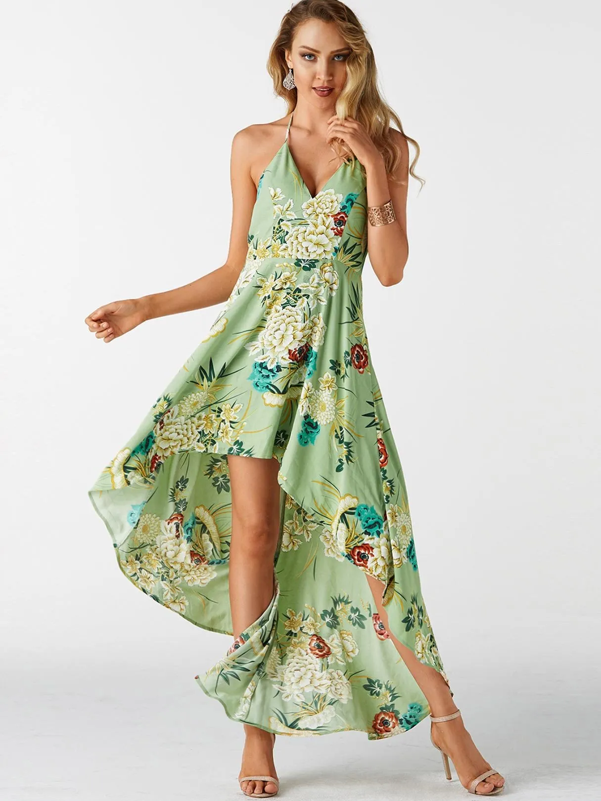 Wholesale Halter Sleeveless Floral Print Backless High-Low Hem Dresses