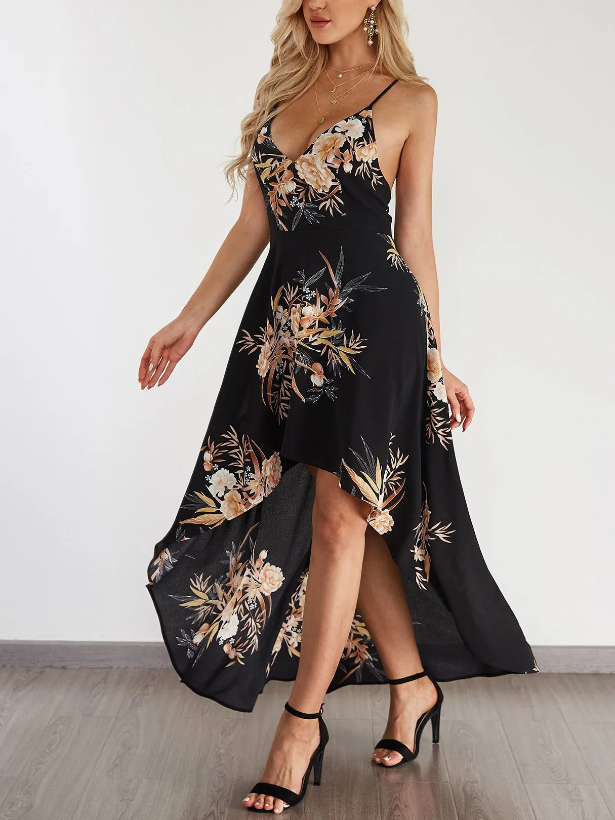 Wholesale Halter Sleeveless Floral Print Backless High-Low Hem Dresses