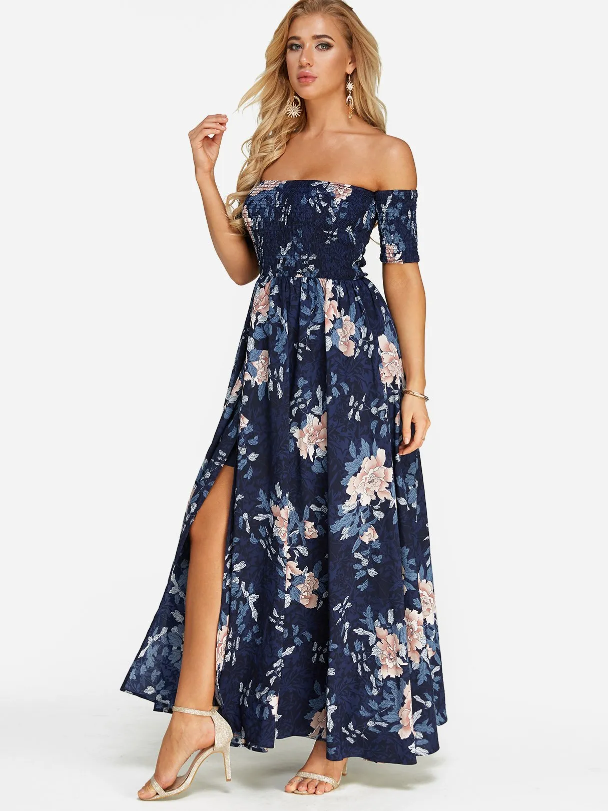 Wholesale Navy Off The Shoulder Half Sleeve Floral Print Slit Hem Dresses