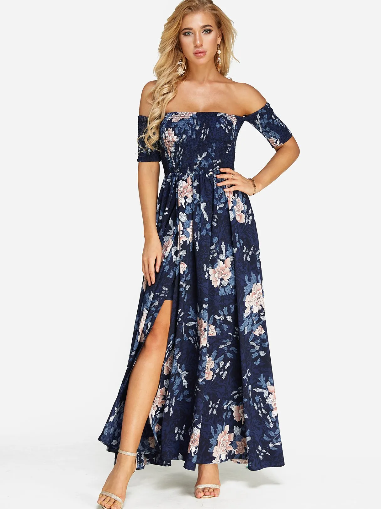 Wholesale Navy Off The Shoulder Half Sleeve Floral Print Slit Hem Dresses
