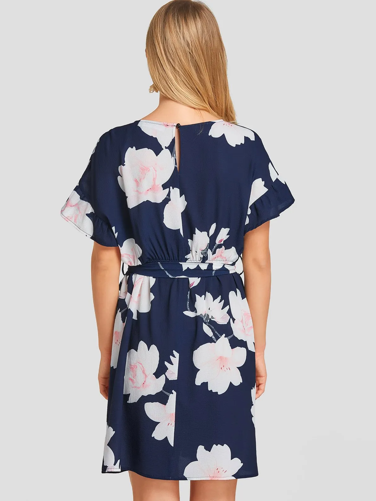 Wholesale Navy Round Neck Short Sleeve Floral Print Self-Tie Dresses