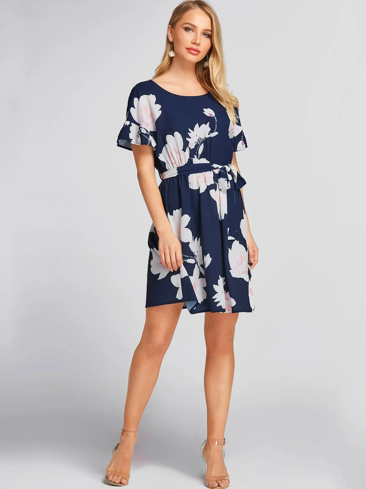 Wholesale Navy Round Neck Short Sleeve Floral Print Self-Tie Dresses