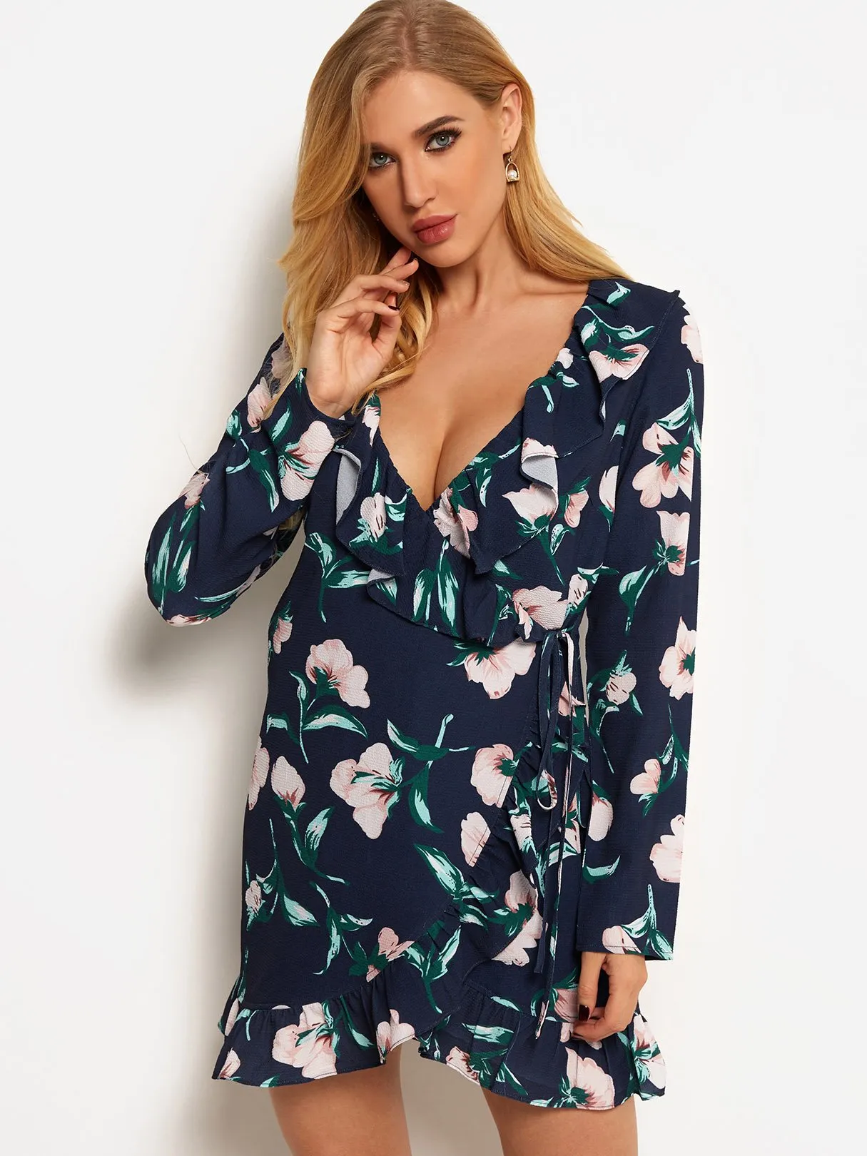 Wholesale Navy V-Neck Long Sleeve Floral Print Self-Tie Wrap Dresses