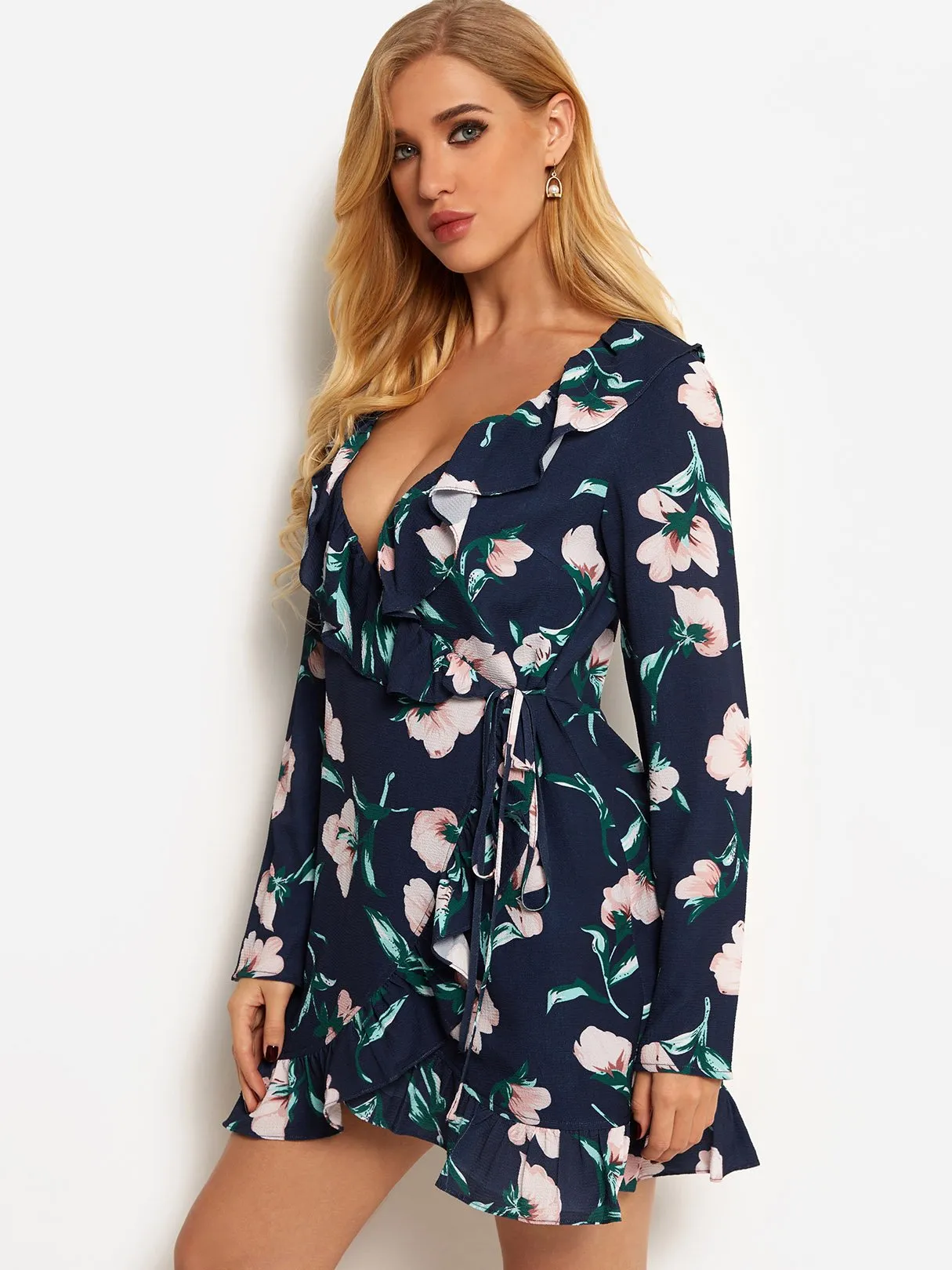 Wholesale Navy V-Neck Long Sleeve Floral Print Self-Tie Wrap Dresses
