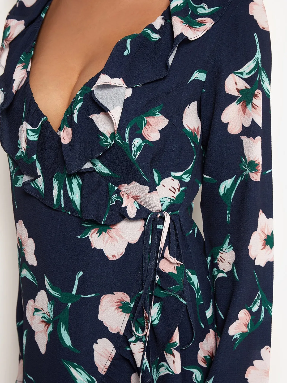 Wholesale Navy V-Neck Long Sleeve Floral Print Self-Tie Wrap Dresses