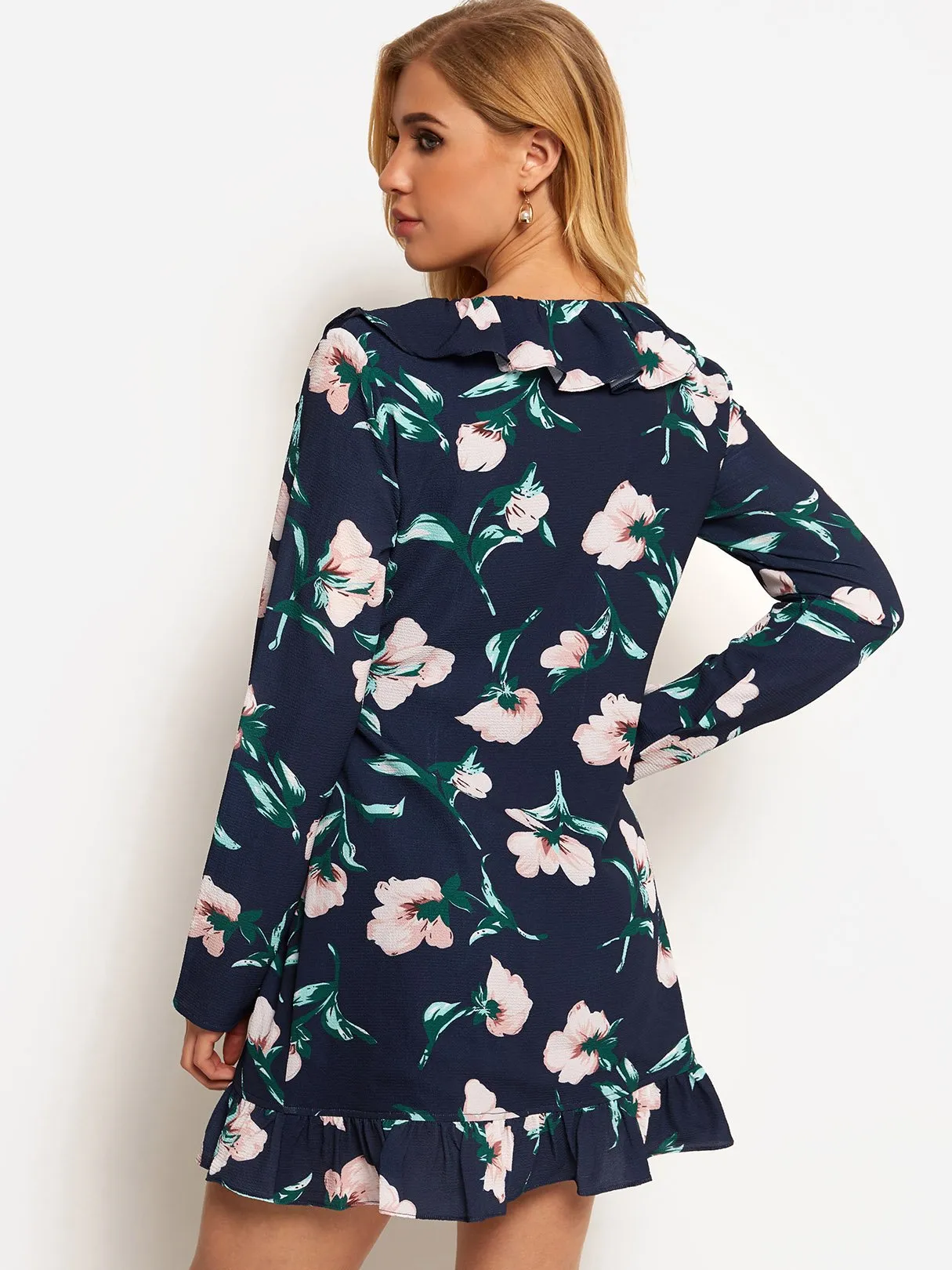 Wholesale Navy V-Neck Long Sleeve Floral Print Self-Tie Wrap Dresses