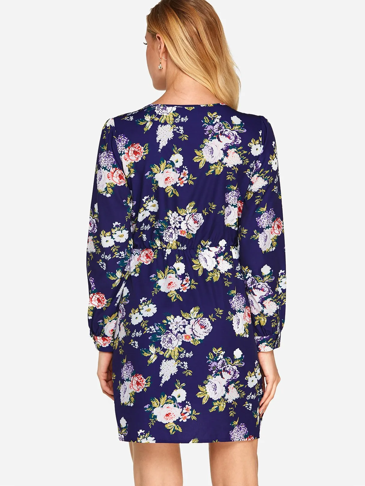 Wholesale Navy V-Neck Long Sleeve Floral Print Wrap Irregular Hem Dresses