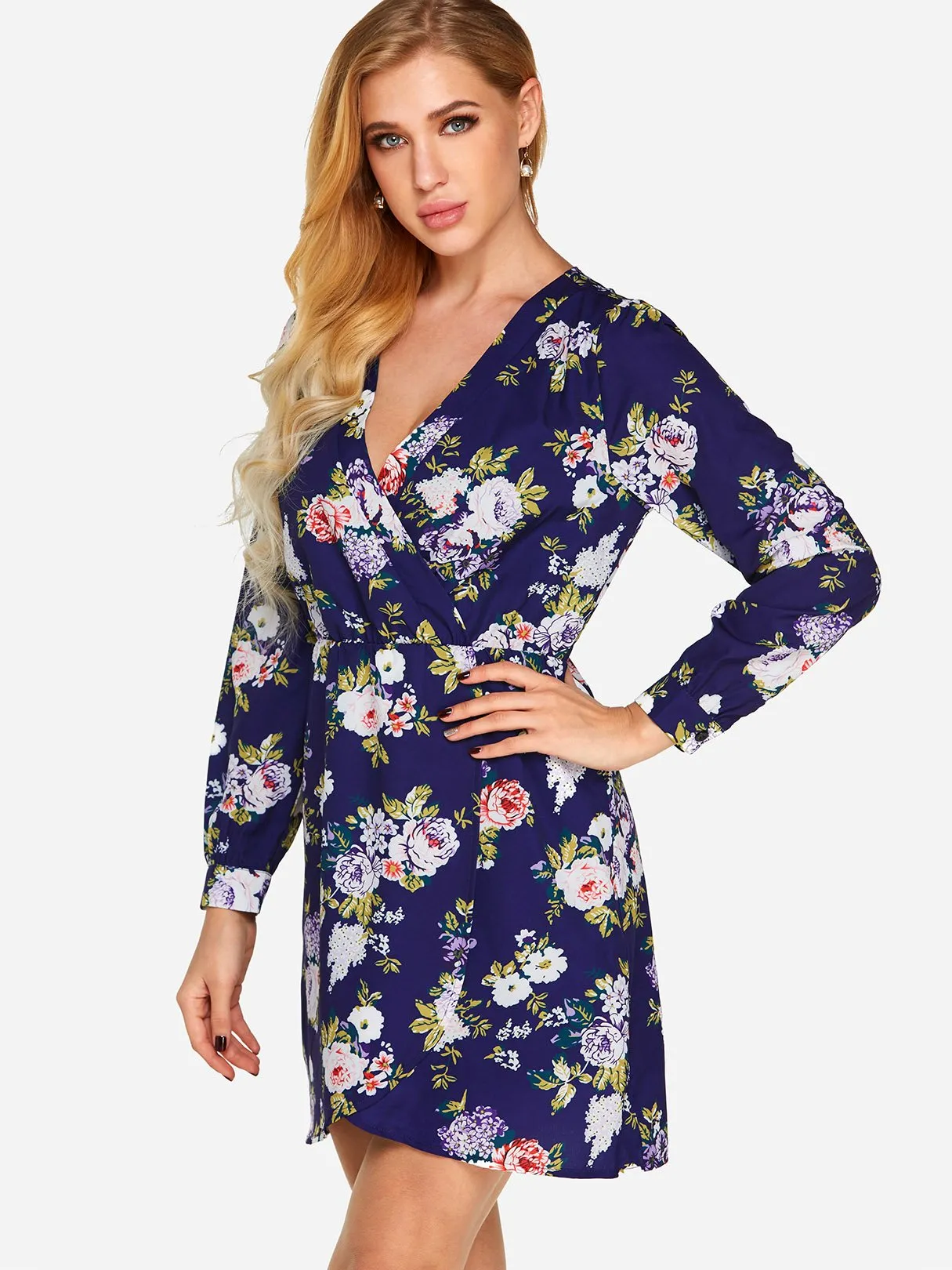 Wholesale Navy V-Neck Long Sleeve Floral Print Wrap Irregular Hem Dresses