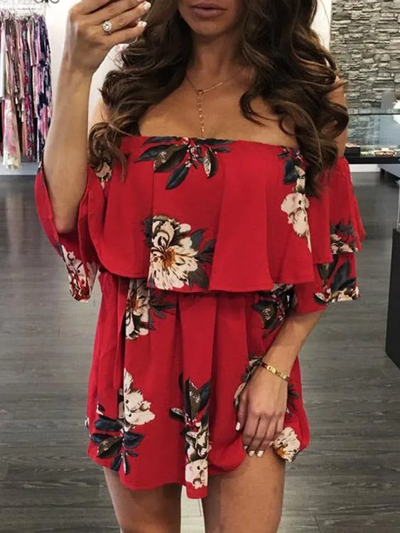 Wholesale Red Off The Shoulder Short Sleeve Floral Print Lace-Up High-Waisted Dress
