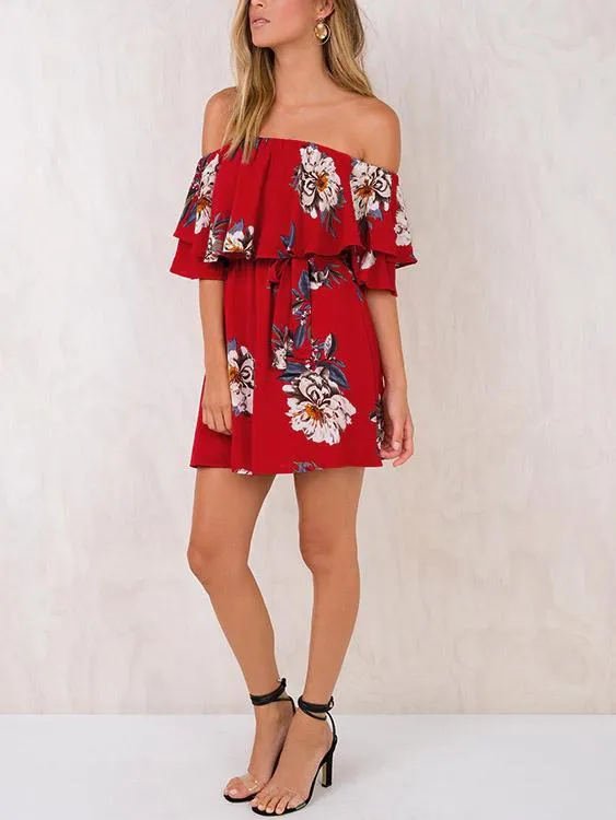 Wholesale Red Off The Shoulder Short Sleeve Floral Print Lace-Up High-Waisted Dress