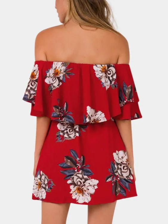 Wholesale Red Off The Shoulder Short Sleeve Floral Print Lace-Up High-Waisted Dress