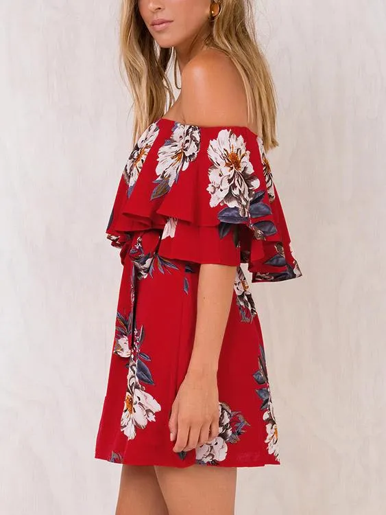 Wholesale Red Off The Shoulder Short Sleeve Floral Print Lace-Up High-Waisted Dress