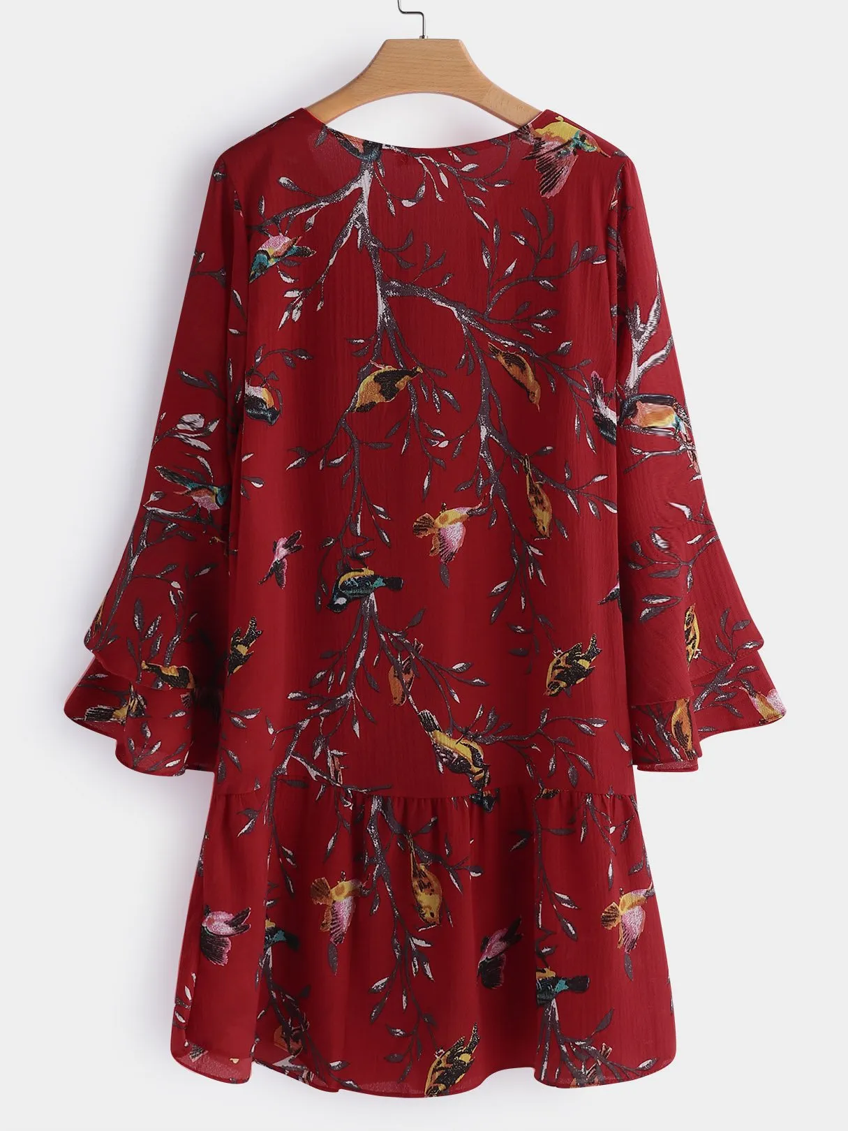 Wholesale Red V-Neck Long Sleeve Floral Print Dresses